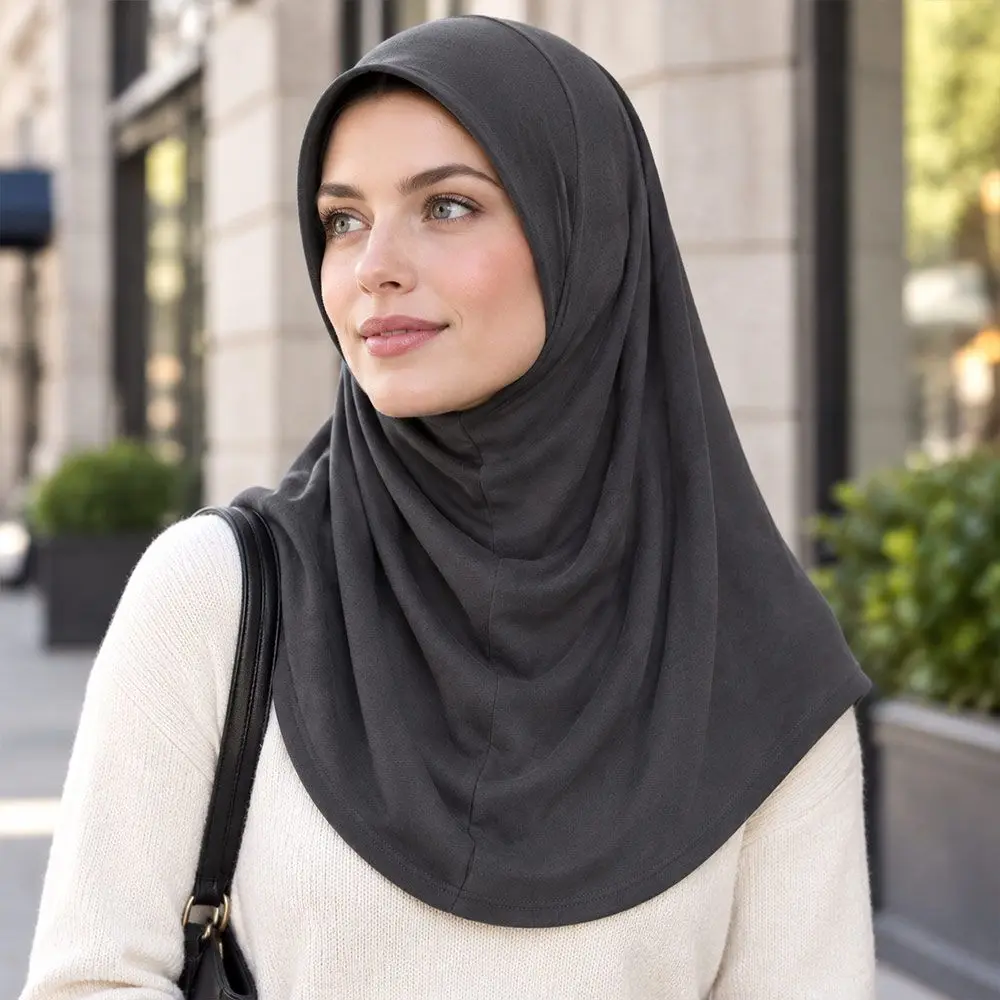 New Pull-On Hijab Cap Stretch Fabric Sun Protection Slip-On Headscarf Solid Elastic Fit Instant Hijab Outdoor