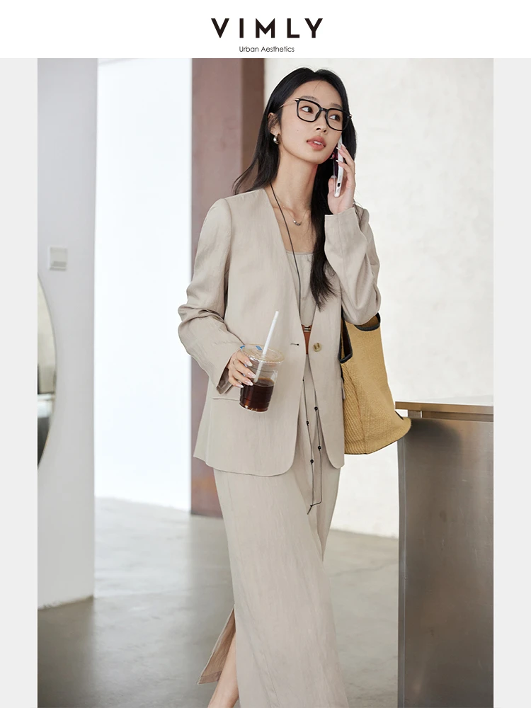 

VIMLY 2 Piece Lyocell Khaki Dress Blazer Suit Women's Office Outfits Spring Autumn 2025 Slip Dress Two Piece Matching Set A0702