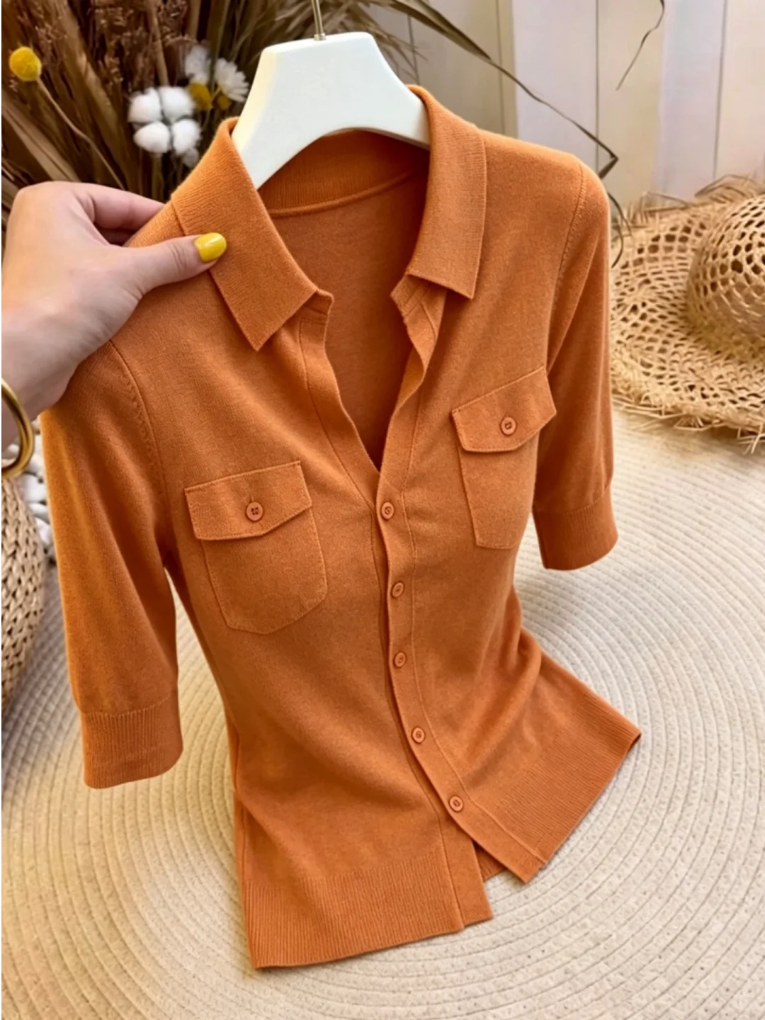 

Summer Unique Knitted Neck Open Cardigan Women's Slim Fit Short Sleeve Top Soft Viscose Fiber Regular Sleeve Length