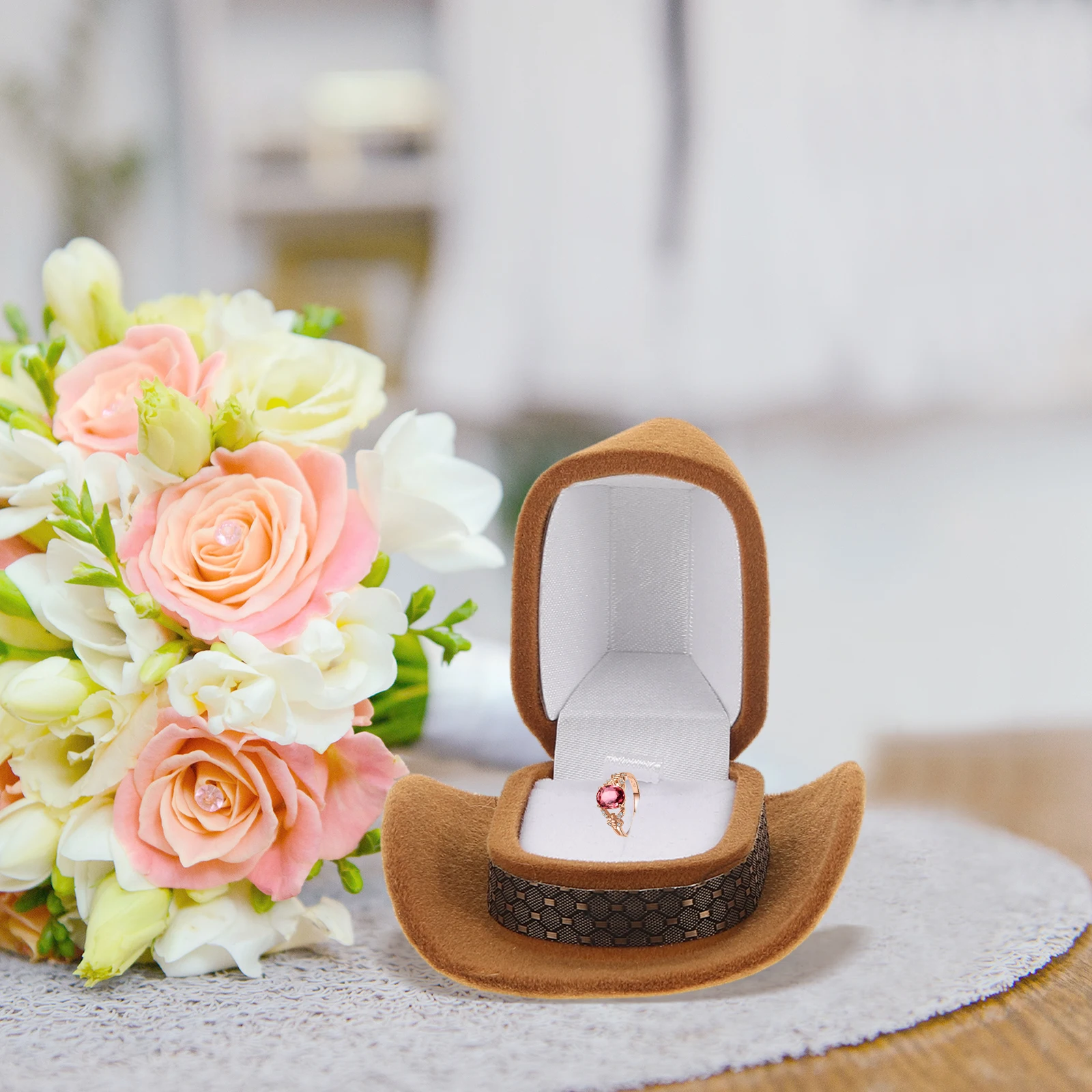 

2 Pcs Hat Shape Ring Box Black Brown Flocking Storage Jewelry Box Wedding Engagement Ceremony Decorative Container