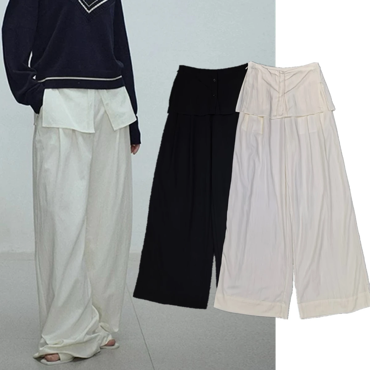 

Jenny&Dave Minimalist Design Two-piece Pleated Wide-leg Pants Women 2025 Spring Summer Pants Women Nordic Casual Straight Trouse