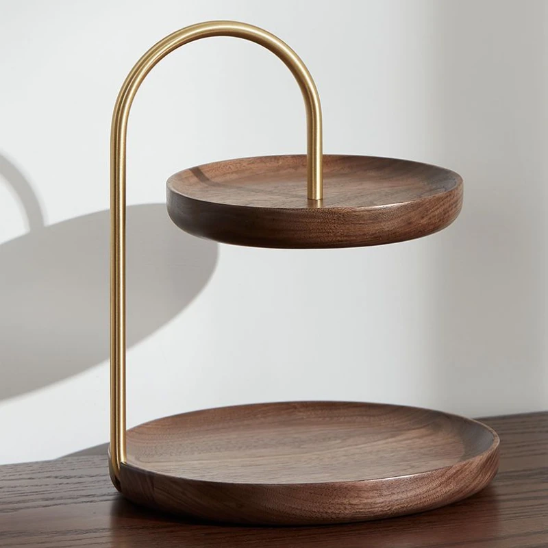 Double Layer Solid Wood Brass Storage Shelf Placing The Key Circular Tray Storage Rack High-grade and Exquisite Home Accessories