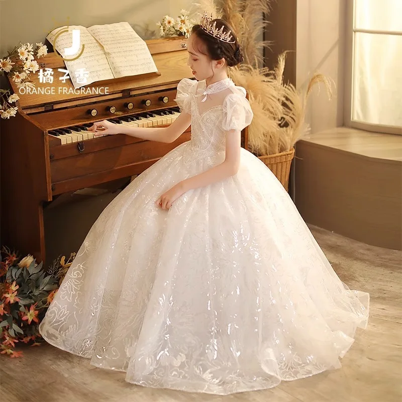 Girl Dress Wedding Sequin Lace Tulle Flower Girl Dress Puff Sleeve Vintage Junior Bridesmaid Ball Gown First Communion 3-14years