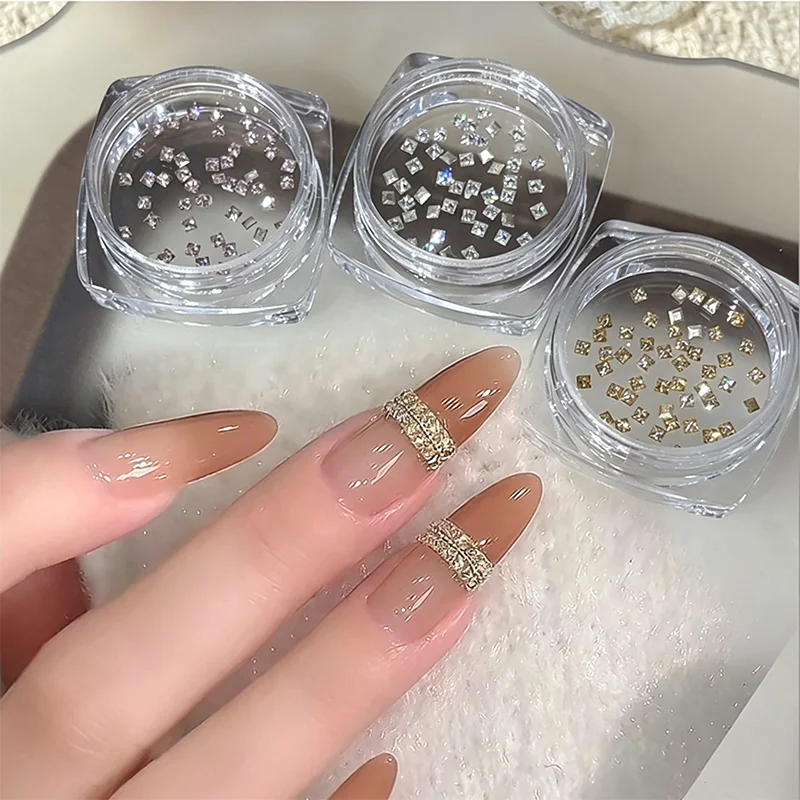 50Pcs/Jar Mini Square Zircon Nail Art Charm Champagne/Pink Flat Bottom Diamond DIY Dazzling Rhinestone Manicure Decoration