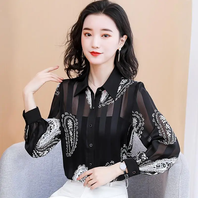 

Faionable Long Sve Chiffon irt Women's Spring Autumn New Sle Ele Early Autumn Top Korean Sle Collar Butto...