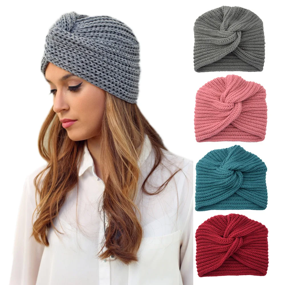 New Women's Knitted Turban Hat Bohemia Cashmere Cross Wrap Head Lndian Wool Bonnet Turbante Cap Fashion Casual Warm Beanie Hat