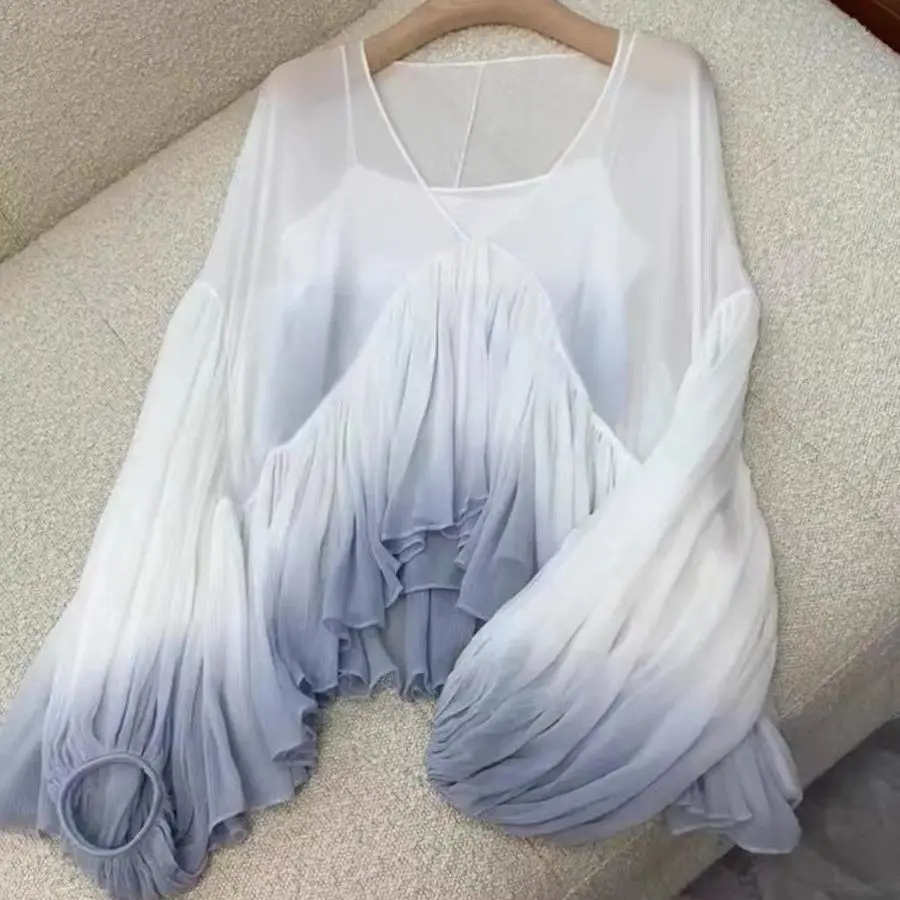 Luxury Women Gradient Blue Pleated Lantern Sleeve Chiffon Shirts Summer Sun Protection Perspective Ruffles Lotus Blouses Tops