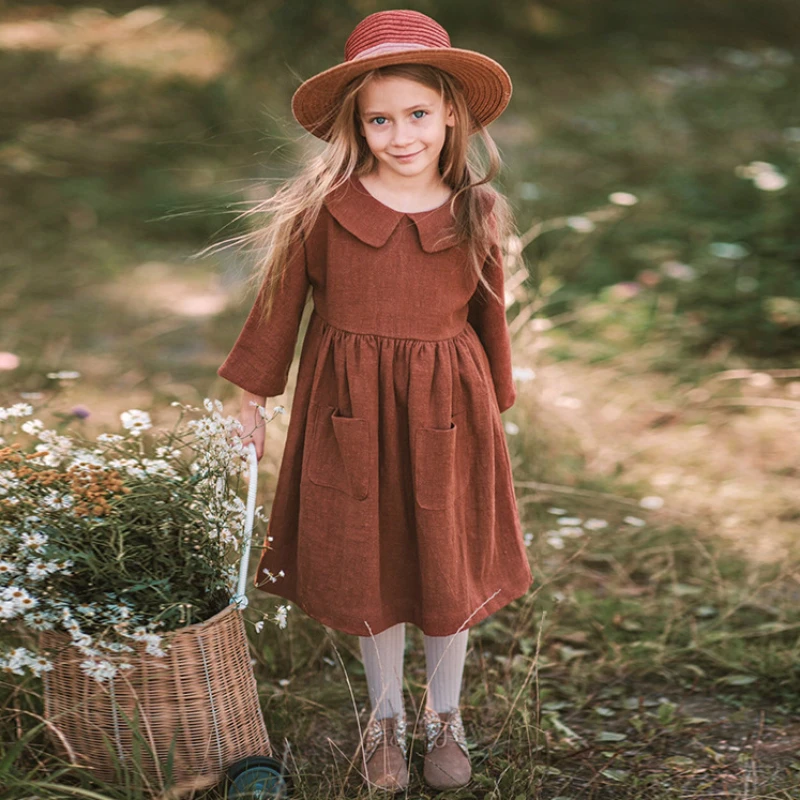 Retro Linen Cotton Rust Red Girls Princess Dress 2025 Spring New Literary Front Pockets Doll Collar Long-Sleeved Kids Dresses