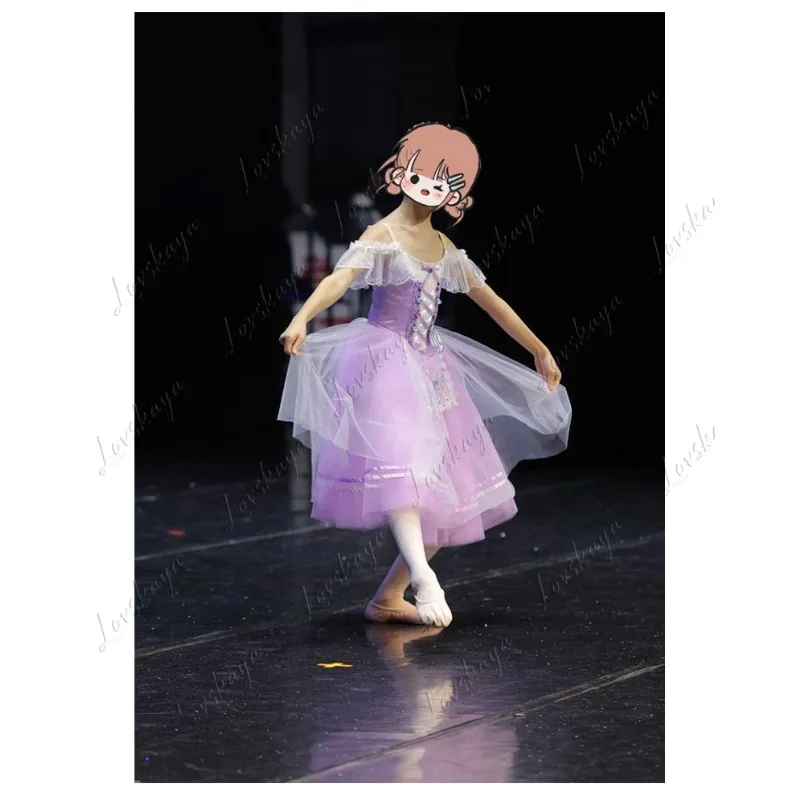 Cute Kids Ballet Performance Dress Soft Tulle Puffy Skirt Girls School Campus Program Dance Stage Costume