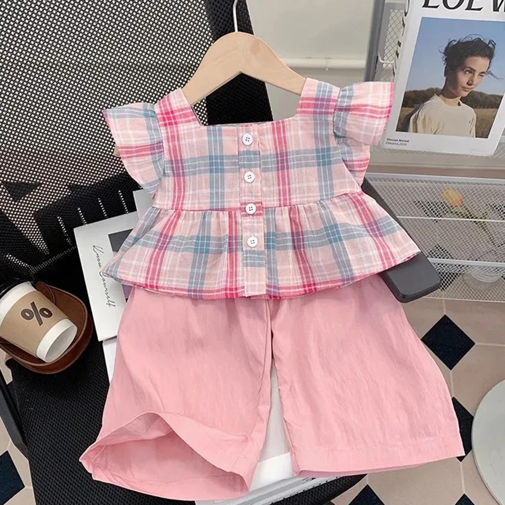 Bear Leader Summer Girl Pink Checkered Short Sleeved Top+solid Wide Leg Pants Two-piece Set for Children\'s Casual Clothing