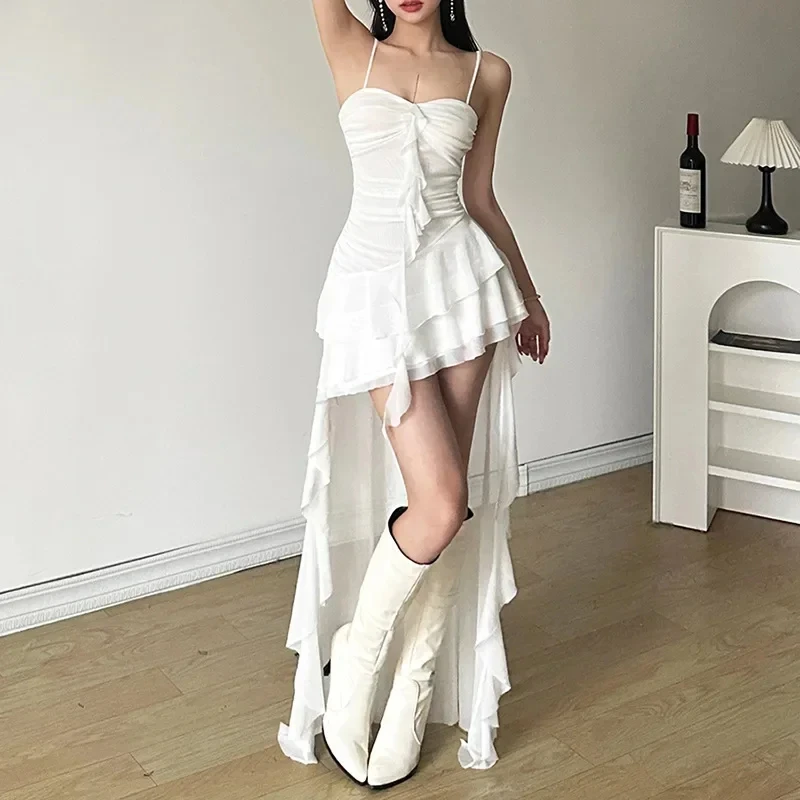 

Irregular White Midi Dress Women Gothic Sexy Spaghetti Straps Ruffles Black Dresses Summer Korean Fairy Holiday Vestidos New
