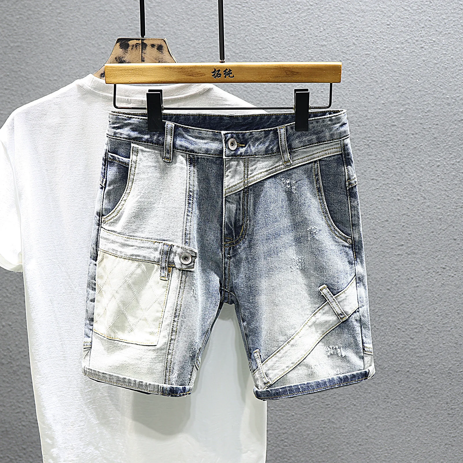 

New Fashion Men Splicing Denim Shorts Jeans Stretch Casual Trendy Denim Shorts Man Light Blue Jeans High Quality Cotton Shorts