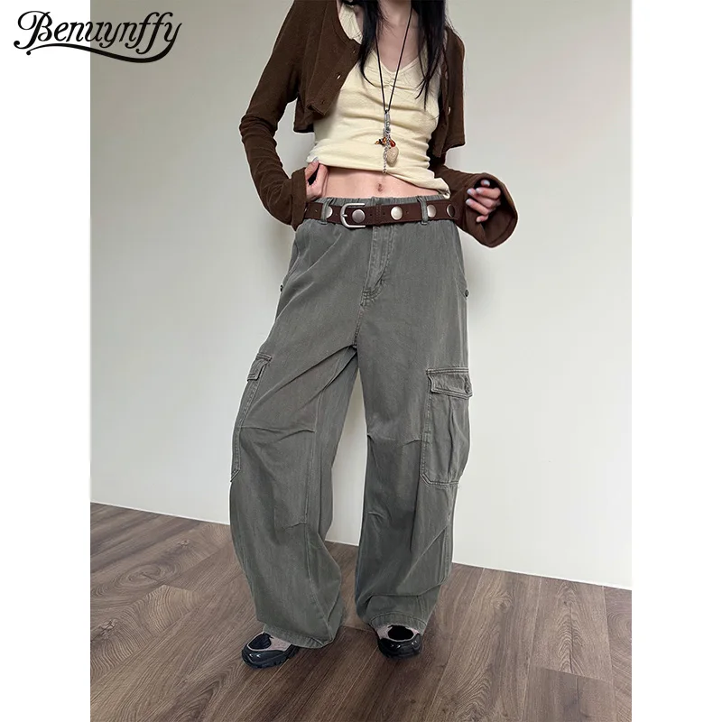 Benuynffy American Streetwear Multi-pocket Cargo Pants Women 2026 Autumn New Fashion Y2k Elastic Waist Loose Wide Leg Trousers