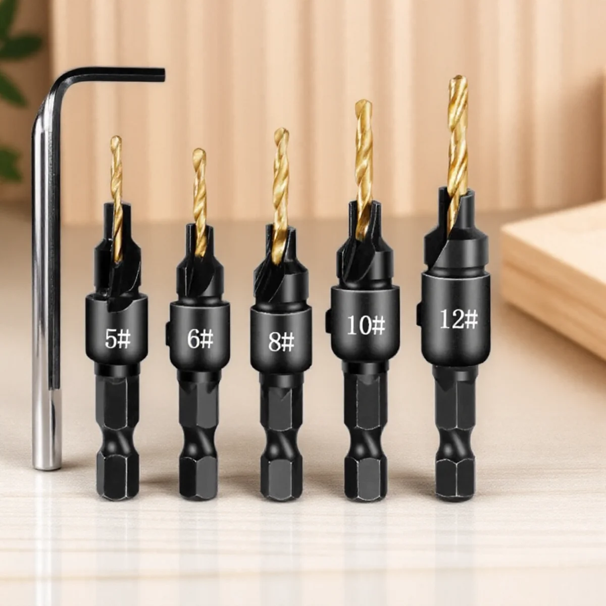 

5PCS Countersunk Woodworking Drill Bit Set with Drill Guide for Screw Sizes #6 #8 #10 #12 #14 High Precision Tools