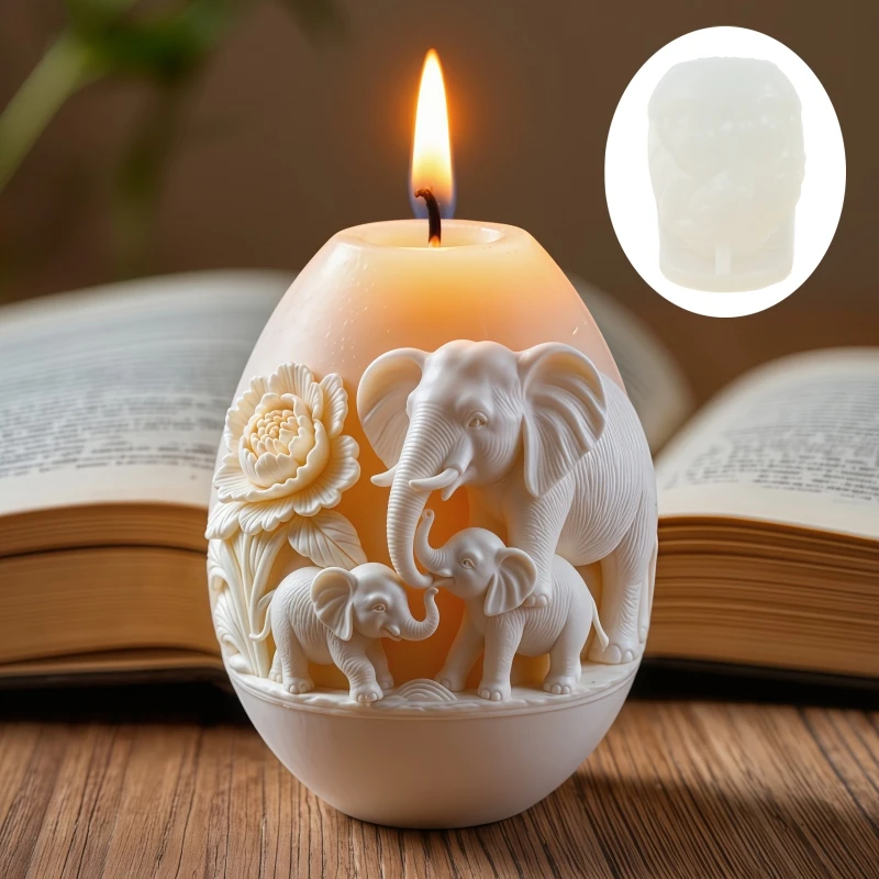 Elephant Relief Egg Shaped Candle Silicone Mold Elephant Mother Elephant Family Relief Egg Shaped Resin Silicone Mold