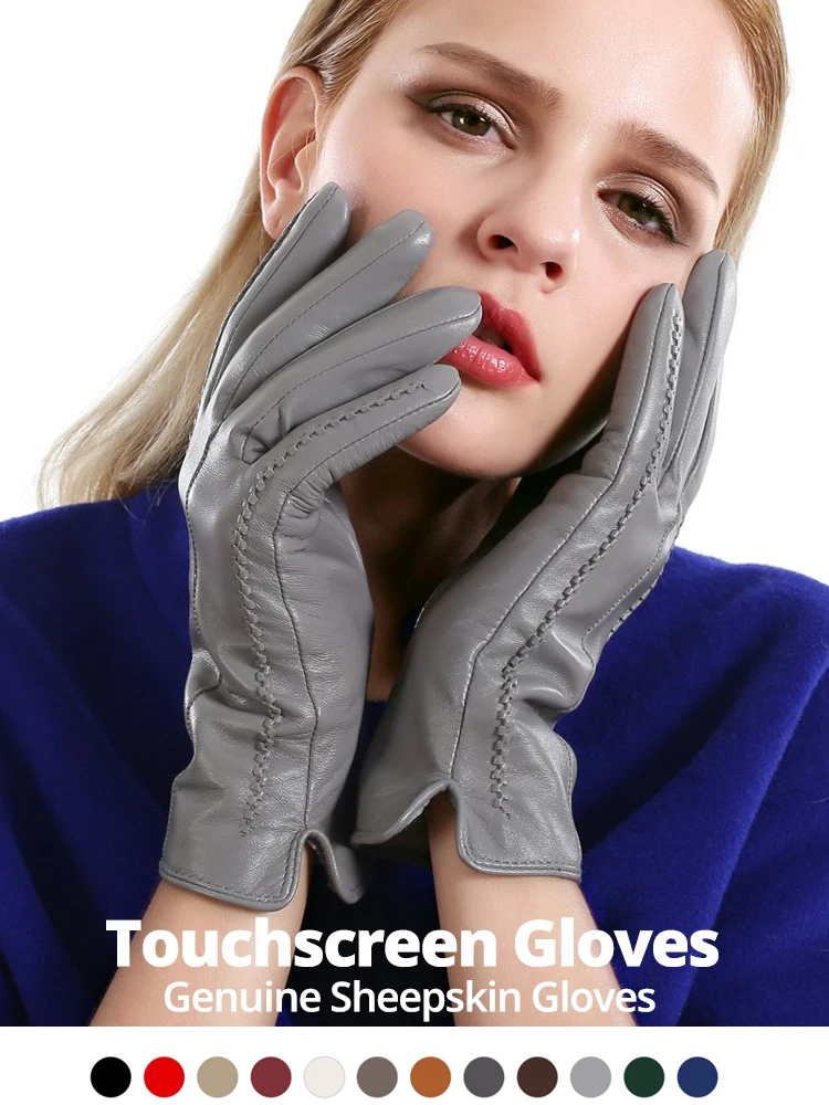 Gants fins en peau de mouton pour femmes, gants à écran tactile, gants en cuir, chauds, velours, couleur de conduite, bonne qualité, hiver