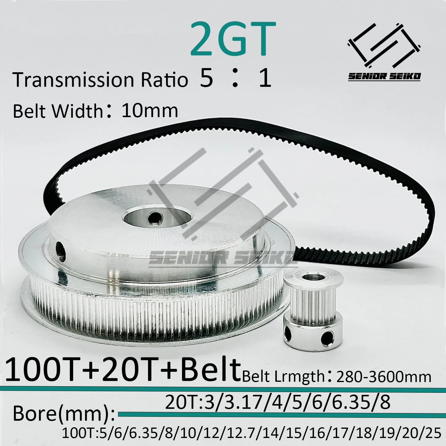 

2GT gt2 belt kit 20T 100T GT2 100Teeth 20T Timing Belt Pulley Set Width 10mm Bore 3~20mm 5:1 Wheel Synchronous Pulley Belt Kit