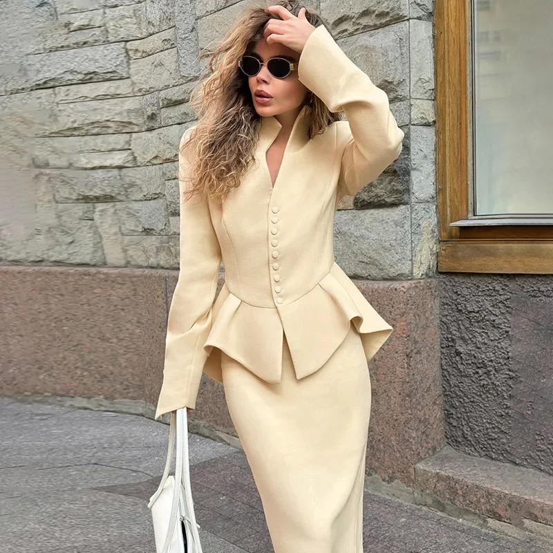 

Women's Commute Skirt Suit 2025 Autumn New Stand Collar Button Blazer Coat Slim Long Skirt Two Piece Set Female Fashion
