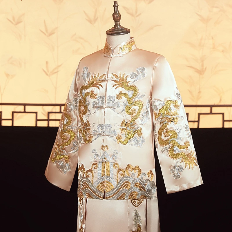 Men Champagne Xiuhe Suit Chinese Style Dresses Dragon Phoenix Tang Clothes Wedding Groom Hanfu Qipao Men Bigsize Jacket Coat