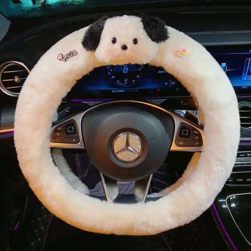 Sanrio Kawaii Pochacco Plush Car Steering Wheel Covers Anime Cartoon Fashion Exquisite Winter Warmer Anti-Slip Handlebar Covers