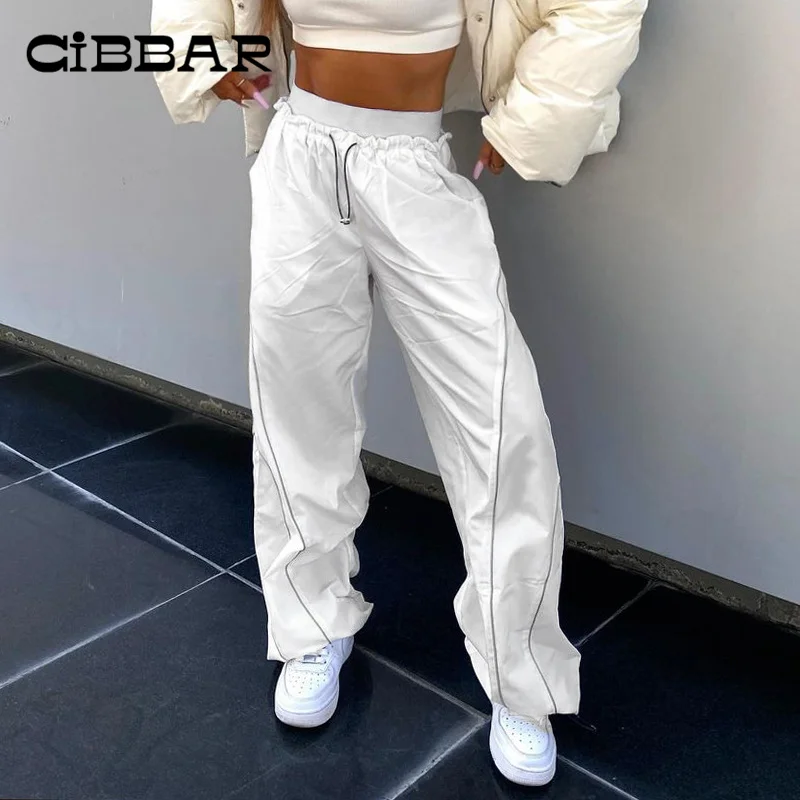 

CIBBAR Sportywear Oversized High Waist Sweatpants Street Patchwork Basic White Drawstring Pants Women Casual Straight Trousers