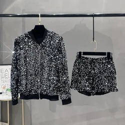 Premium Sequined Coat Women's Suit Jacket Zipper Top Baseball Uniform Casual Versatile and Thin Two-piece Women's Fashion