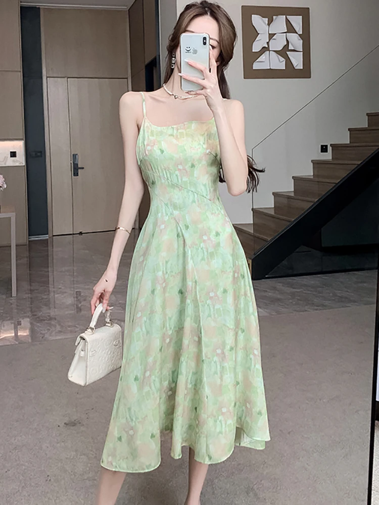 Women Green Floral Casual Beach Sundress Summer Fashion Elegant Sling Sexy Long Dress 2024 New Korean Luxury Dance Party Dress