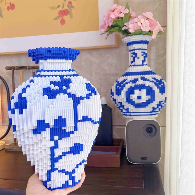 Simulation Blue and White Porcelain Vase Potted Plant Building Block Toy Children's Educational Vase Ornament Small Particles