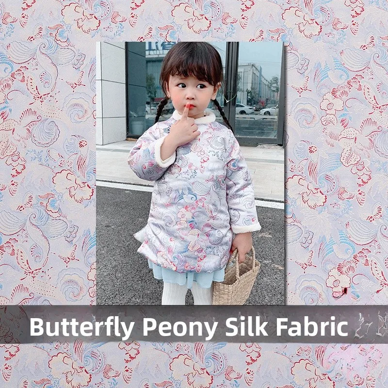 

Handmade Silk Satin Fabric for Children's Clothes Peony Pattern New Year Visit Cotton Suit Weaving Silk Satin Material