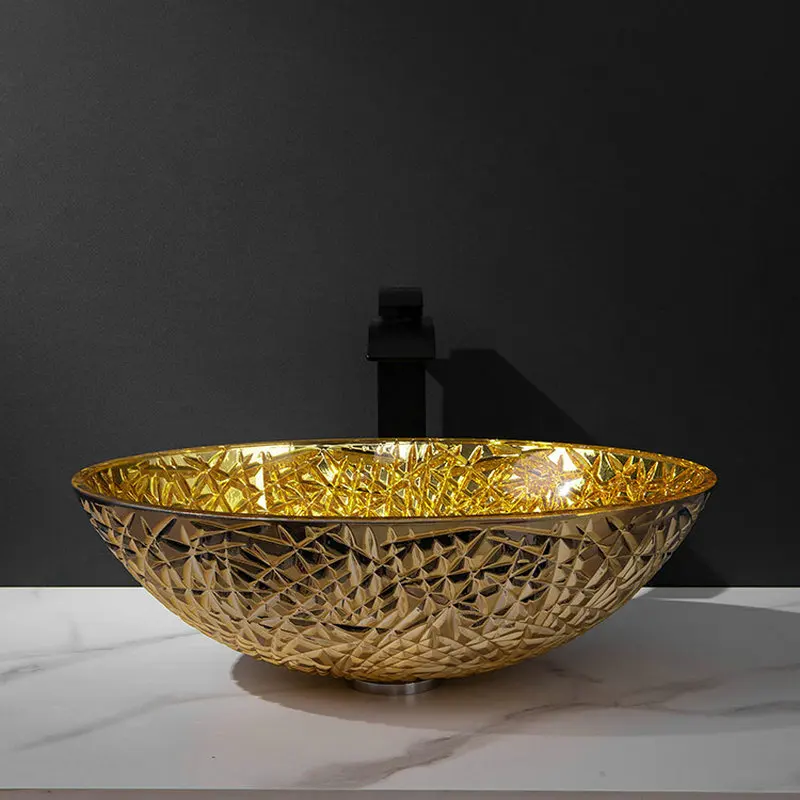 Gold color electroplated tempered glass countertop basin, oval cracked silver color washbasin, crystal style washbasin GN941EU