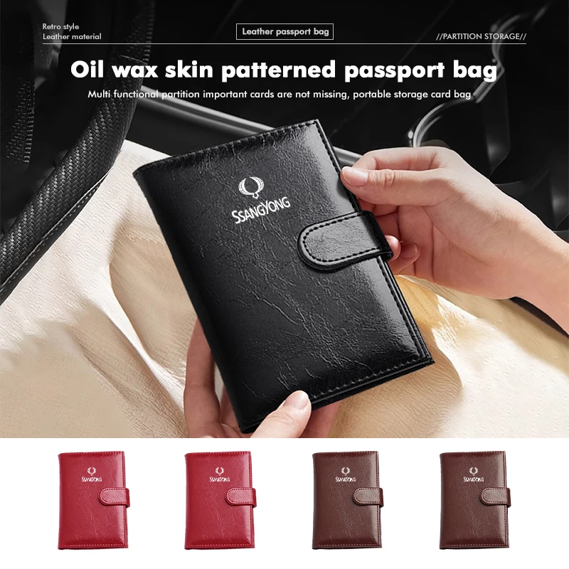 Oil Wax Car Passport Bag Multi-Card Card Holder Portable Wallet For SsangYong Actyon Korando Rexton Kyron Rodius Tivoli