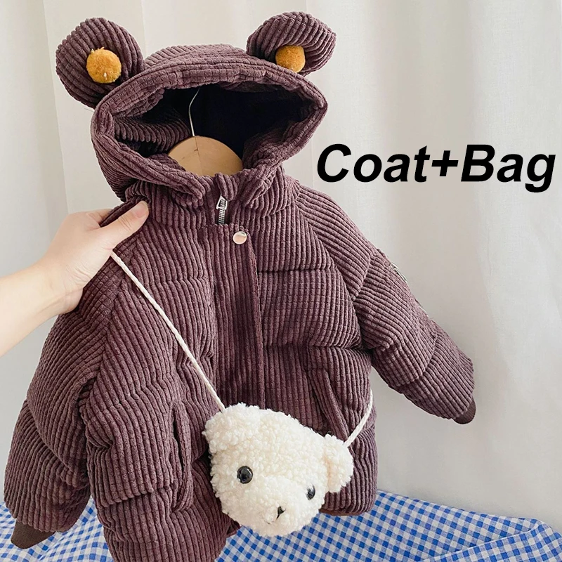 Cute Bear Plush Baby Boys Jacket Autumn Winter Thicken Warm Corduroy Coat For Girls Hooded Ouertwear With Bags Children Clothing