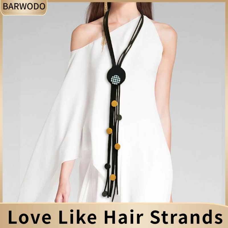 

BARWODO Tassel Rubber Necklace For Women Handmade Round Wood Pendant Korean Fashion Luxury Jewelry Gift Boho Long Necklaces