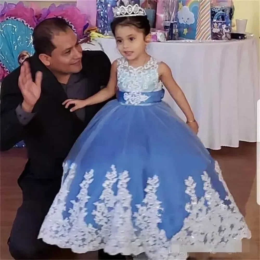 Vestidos de niña de flores para desfile, Apliques de encaje para boda, vestido de primera comunión de princesa, vestidos largos de fiesta de cumpleaños para niños pequeños