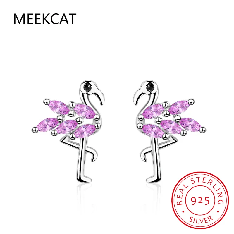 Real 925 Sterling Silver Sweet Pink Zircon Flamingo Stud Earrings For Daughter Girls Kids Lady Fine Gift Jewelry DK071