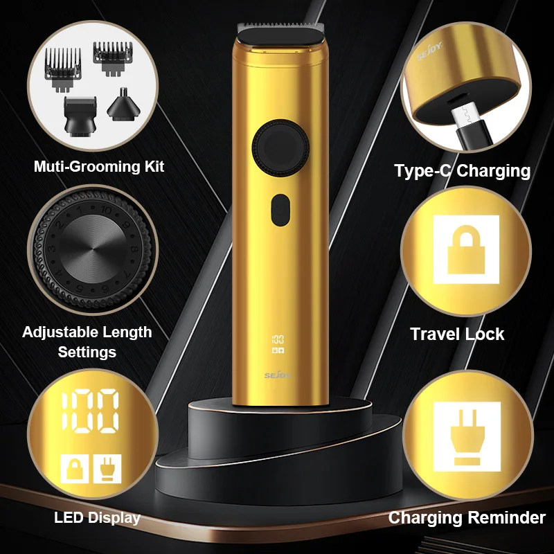 Sejoy Professional Hair Clippers LED Display Electric Beard Trimmer Cordless Men's Grooming Kit Rechargeable Nose Trimmer Gold