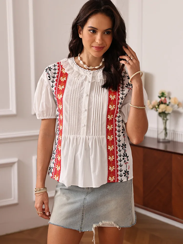 قميص صيفي فرنسي بأكمام قصيرة على الموضة لعام 2025 بلوفر مطرز ثقيل من الدانتيل برقبة دائرية ومزاج فضفاض للنساء #3