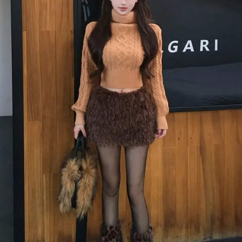 Pakaian Wanita Pullover Rajut Pendek Kerah Tumpuk Modis Warna Solid Musim Gugur Musim Dingin Kasual Lengan Panjang Sweater Vintage