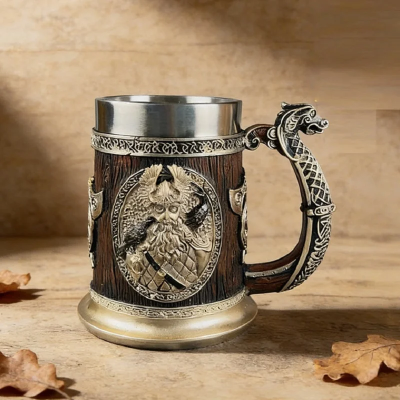 Norse Mythology Viking Thor And Odin Beer Mugs Coffee Cups Tankard Stainless Steel 3D Resin Mug Drinkware Men's Gift Home Decor