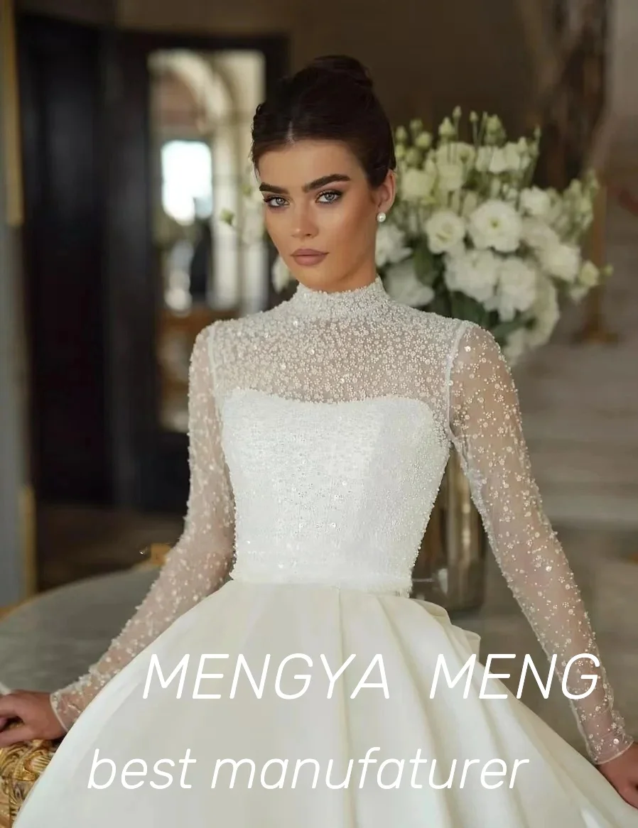 2025 High End Customized Luxe Satin A Line Wedding Dress Lavish Design High Neck Beaded Long Sleeve Princess Bridal Gown 2025