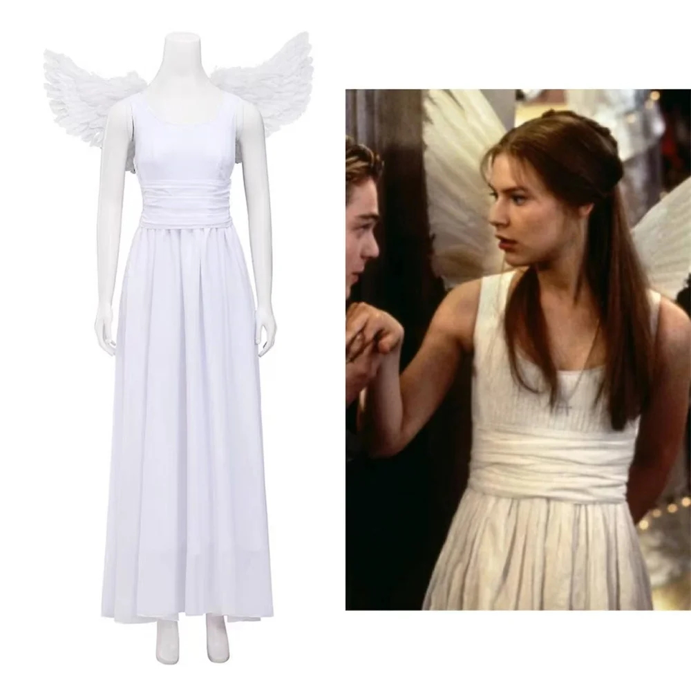 Disfraz de Julieta de película para mujer, vestido blanco con ala, Halloween, Carnaval, puesta en escena, trajes de fiesta
