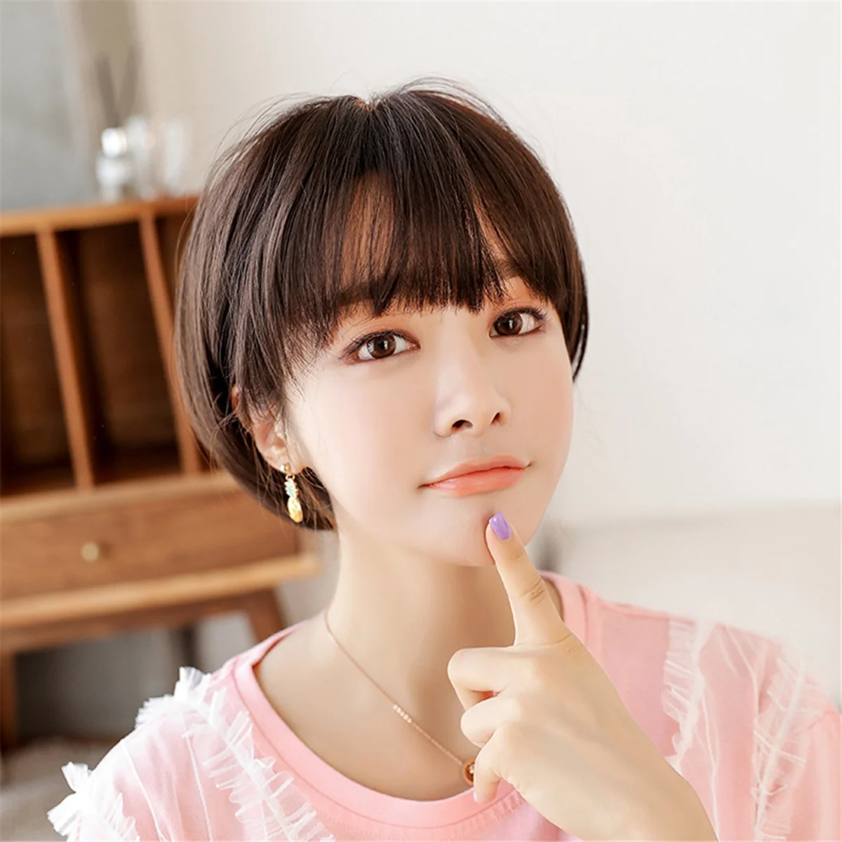 Wig Bob Bobo Wig with Bangs for Women, Natural Looking Short Bob Wig , Short Wig for Daily Korea Versions Brown Black