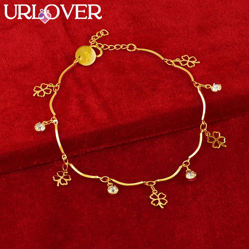 URLOVER 24K Gold Bracelet For Woman Lucky Grass/Four Leaf Clover Chain Bracelets Fashion Party Wedding Engagement Jewelry Gift