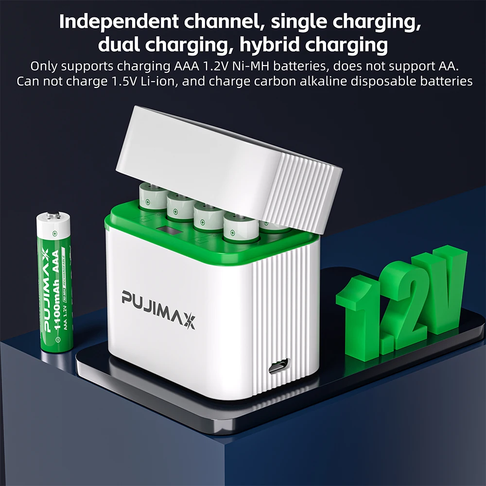 PUJIMAX 8-gniazdowa ładowarka do akumulatorów 1.2V Ni-MH/Ni-Cd, inteligentna ładowarka z odchylanym wiekiem do akumulatorów Ni-MH/Ni-Cd AA/AAA — zdjęcie produktu 4