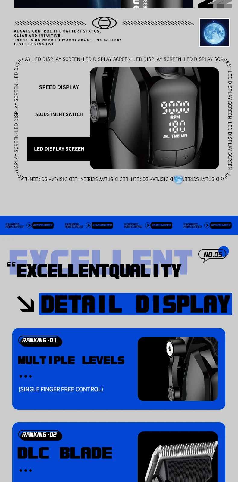 KEMEI DLC Blade Electric Hair Clipper Professional Cordless Usb Rechargeable Hair Clippers With Light KM-1858