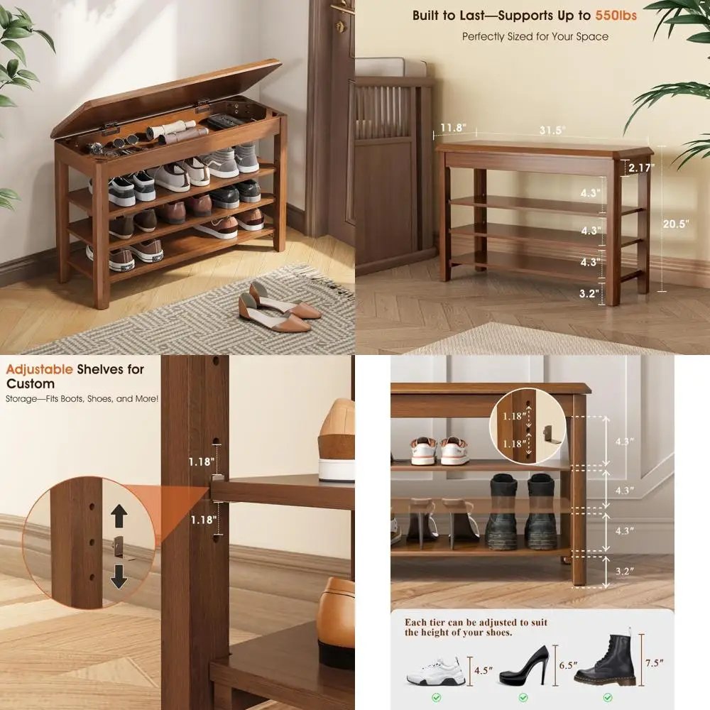 

Mid-Century Modern 3-Tier Rubberwood Shoe Rack Bench with 550lbs Capacity for Storage in Entryway, Hallway, and Closet