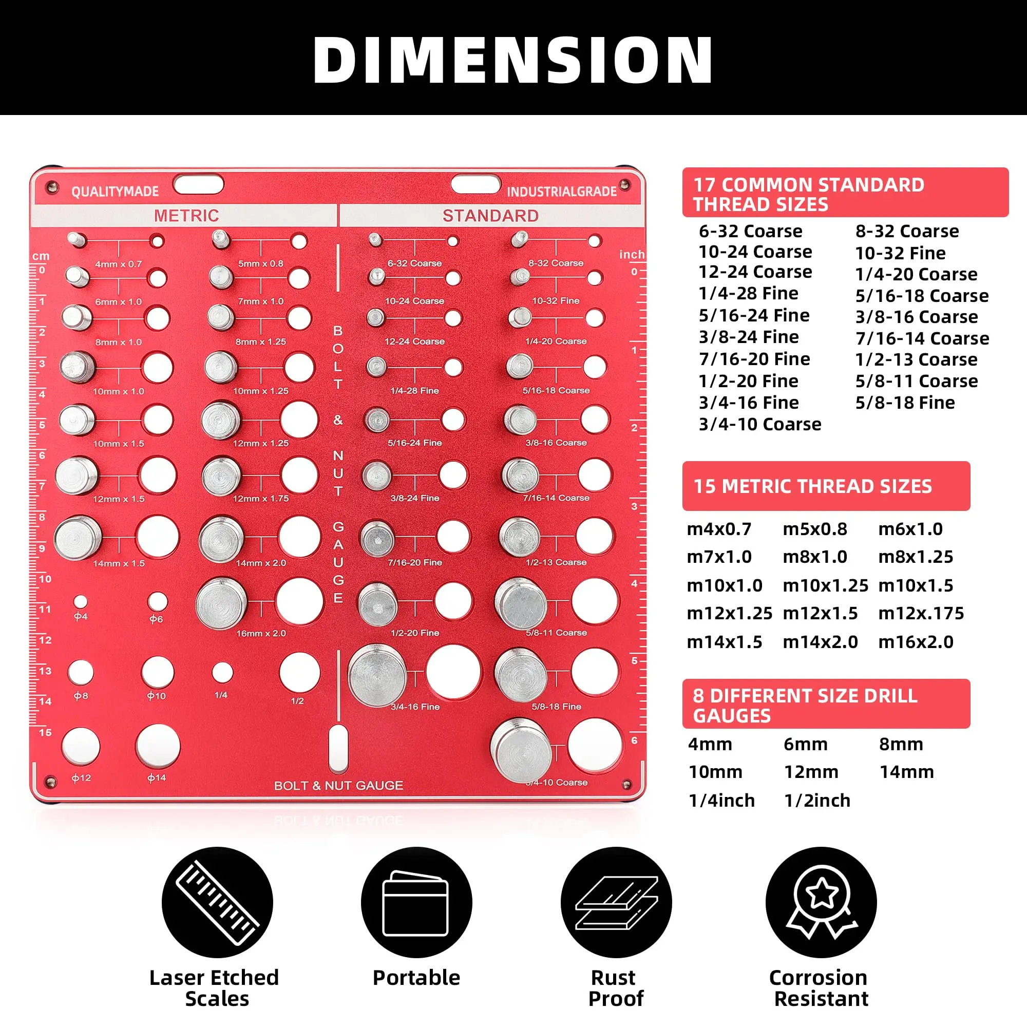 Nut and Bolt Thread Checker, Bolt Size and Thread Gauge, Bolt Gauge with 19 Standard & 15 Metric, 8 Drill Bit Gauge