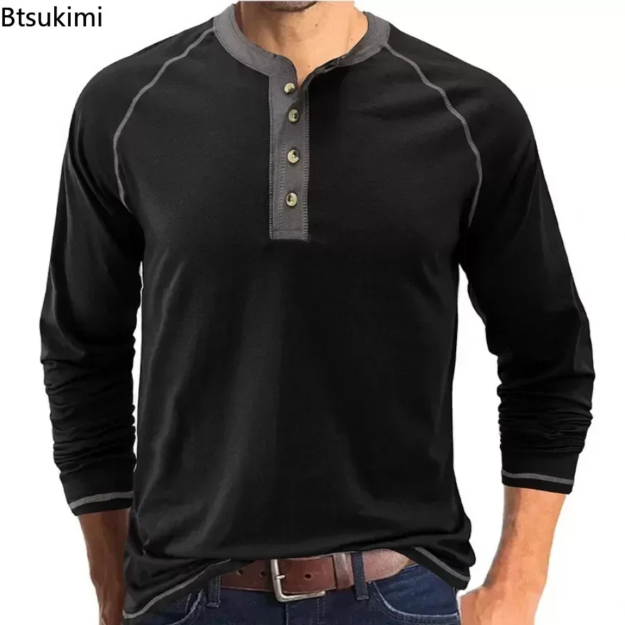 2024 Men\'s Casual Long Sleeve TShirt Solid Cotton Streetwear Outdoor Tops Tees Male Fashion O Neck T Shirt Button Top Men Shirts