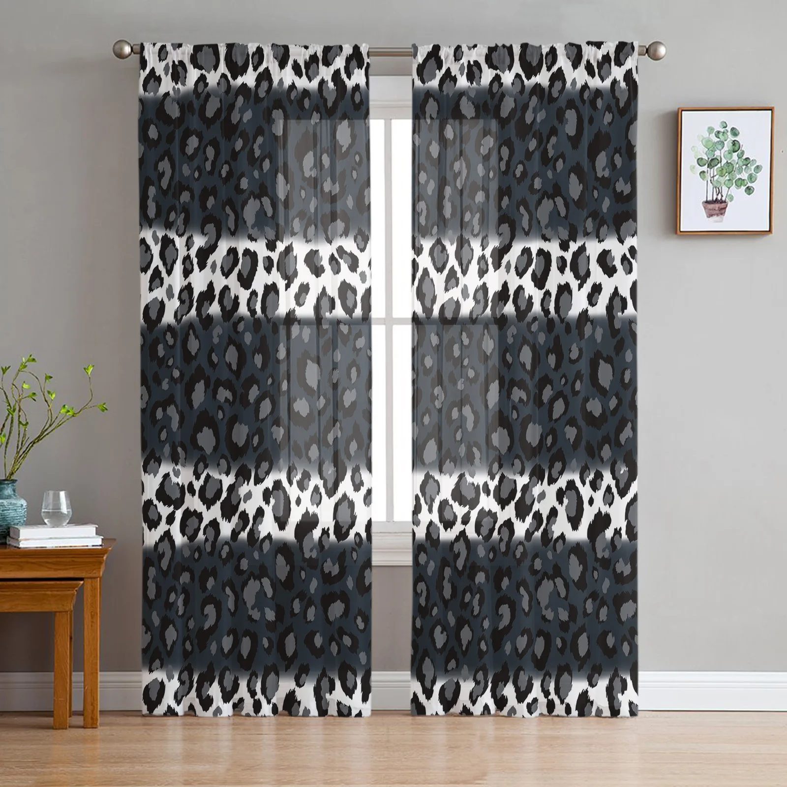 Leopard Print Black White Striped Sheer Curtains for Living Room Decoration Window Curtains Kitchen Tulle Voile Organza Curtains