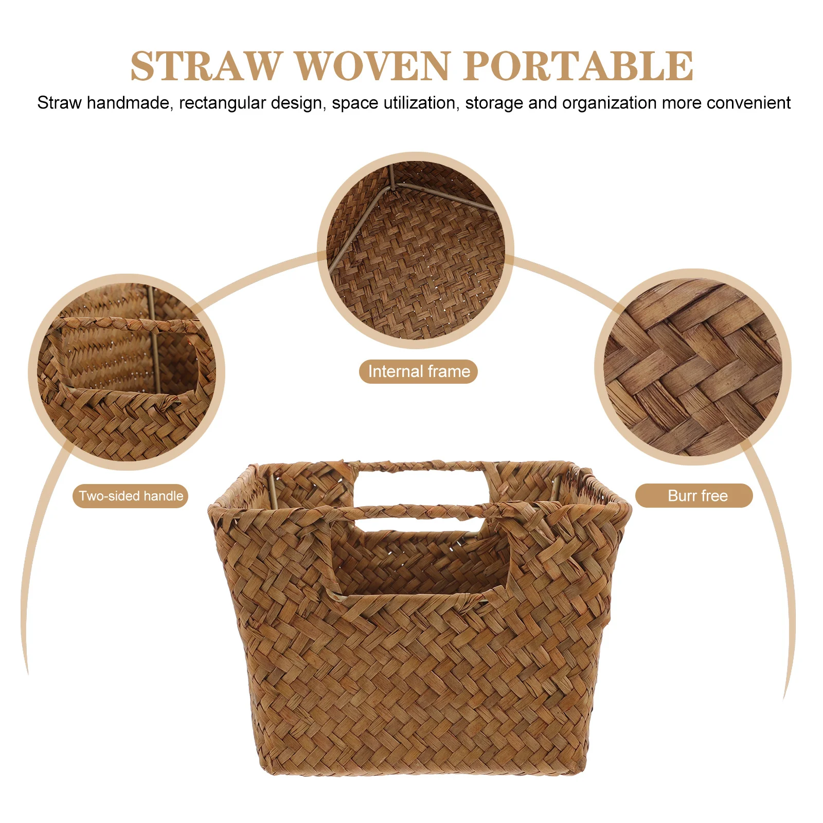 

Straw Woven Basket Braided Rectangular Portable Storage Organizer Handle Kitchen Sundries Fruit Vegetable Bread Tabletop